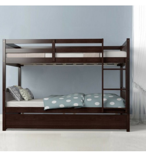 Full over Full Bunk Bed Platform Wood Bed with Ladder-White