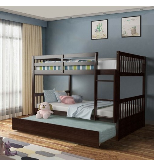 Full over Full Bunk Bed Platform Wood Bed with Ladder-White