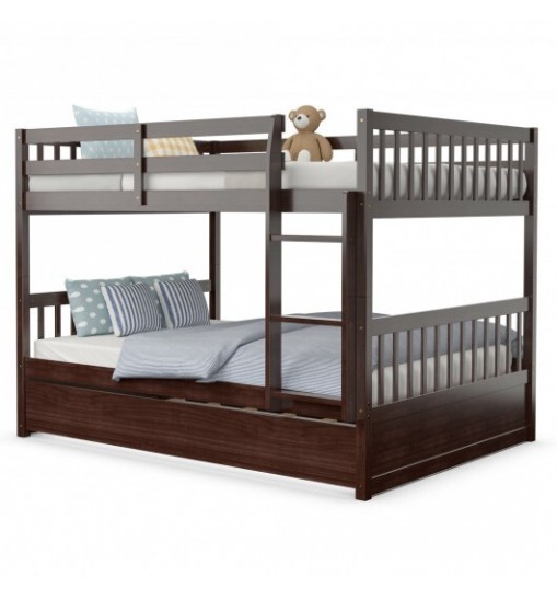 Full over Full Bunk Bed Platform Wood Bed with Ladder-White