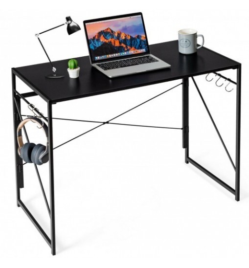 Folding Computer Desk Writing Study Desk Home Office with 6 Hooks-Brown