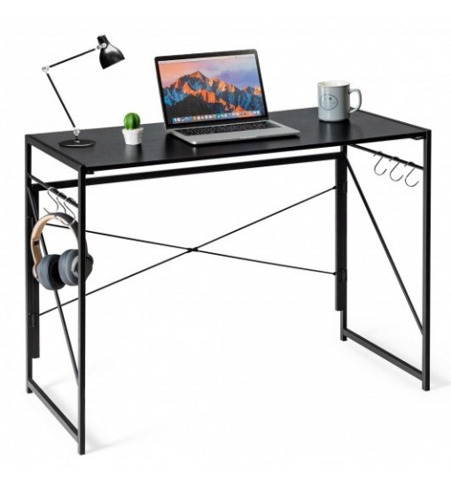 Folding Computer Desk Writing Study Desk Home Office with 6 Hooks-Brown