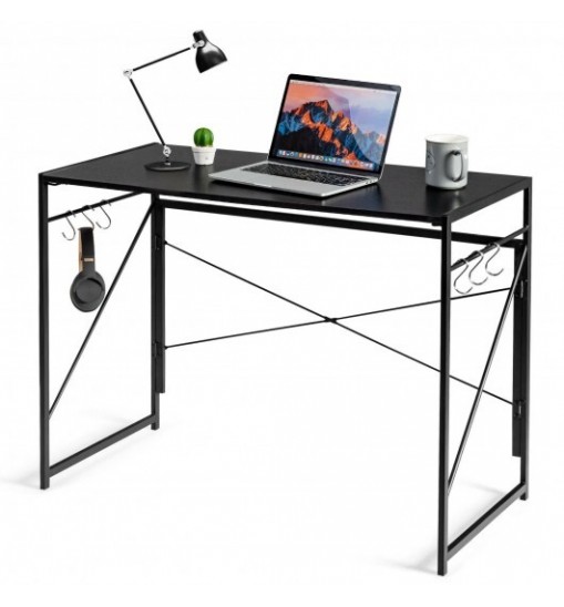 Folding Computer Desk Writing Study Desk Home Office with 6 Hooks-Brown