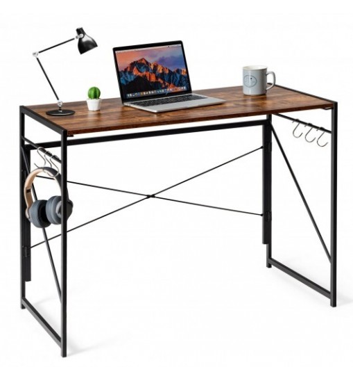 Folding Computer Desk Writing Study Desk Home Office with 6 Hooks-Brown