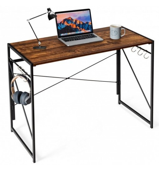 Folding Computer Desk Writing Study Desk Home Office with 6 Hooks-Brown