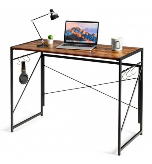 Folding Computer Desk Writing Study Desk Home Office with 6 Hooks-Brown