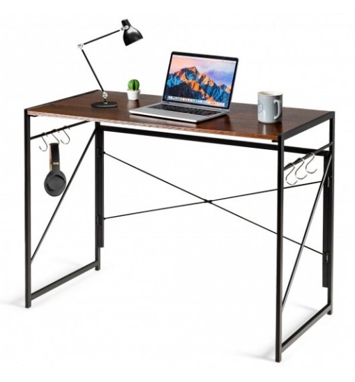 Folding Computer Desk Writing Study Desk Home Office with 6 Hooks-Brown