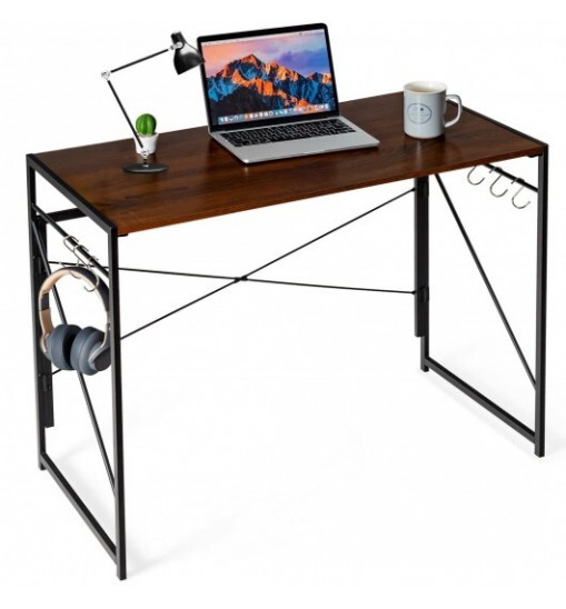 Folding Computer Desk Writing Study Desk Home Office with 6 Hooks-Brown