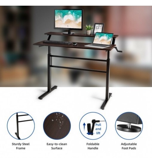 Standing Desk Crank Adjustable Sit to Stand Workstation -Brown