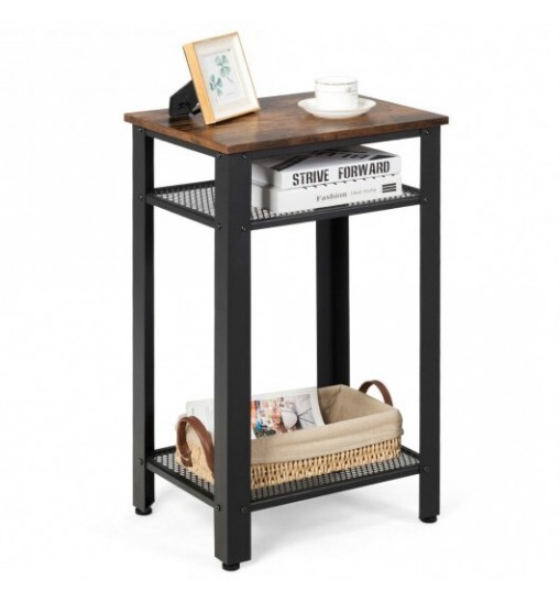 3-Tier Industrial End Table with Metal Mesh Storage Shelves