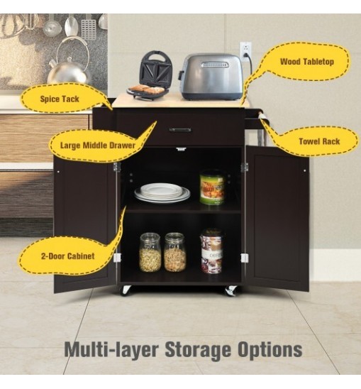 Utility Rolling Storage Cabinet Kitchen Island Cart with Spice Rack-Brown