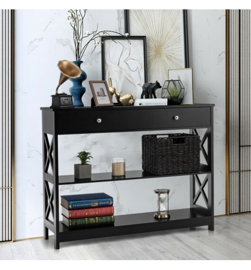 3-Tier Console Table with Drawers for Living Room Entryway-Black