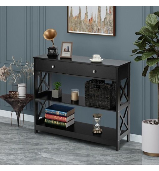 3-Tier Console Table with Drawers for Living Room Entryway-Black