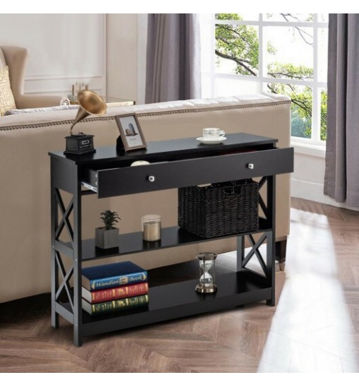 3-Tier Console Table with Drawers for Living Room Entryway-Black