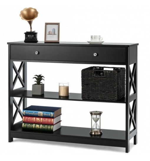 3-Tier Console Table with Drawers for Living Room Entryway-Black