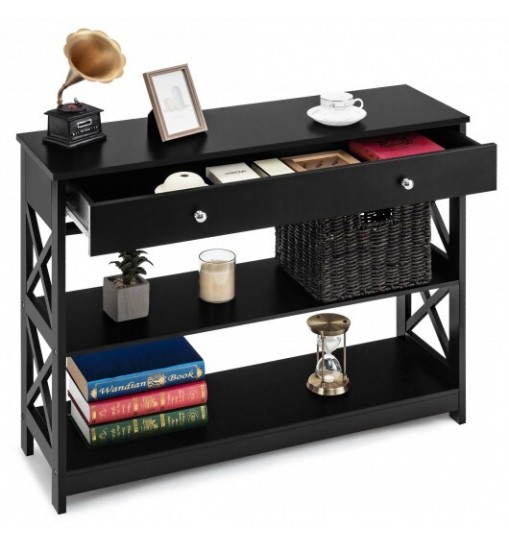 3-Tier Console Table with Drawers for Living Room Entryway-Black