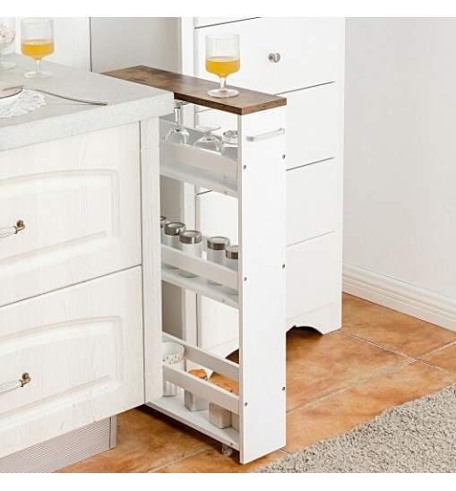 4 Tiers Rolling Slim Storage Kitchen Organizer Cart with Handle-White