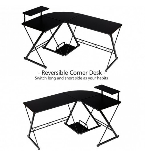 L-Shaped Desk Reversible Corner Computer Desk with Movable Shelf and CPU Stand-Black