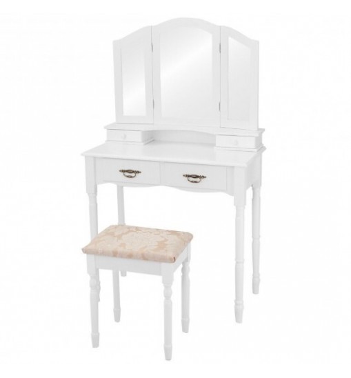 Simple Vanity Set with Tri-Folding Mirror Drawers and Storage Shelf-White