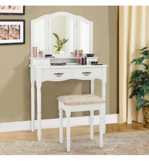 Simple Vanity Set with Tri-Folding Mirror Drawers and Storage Shelf-White