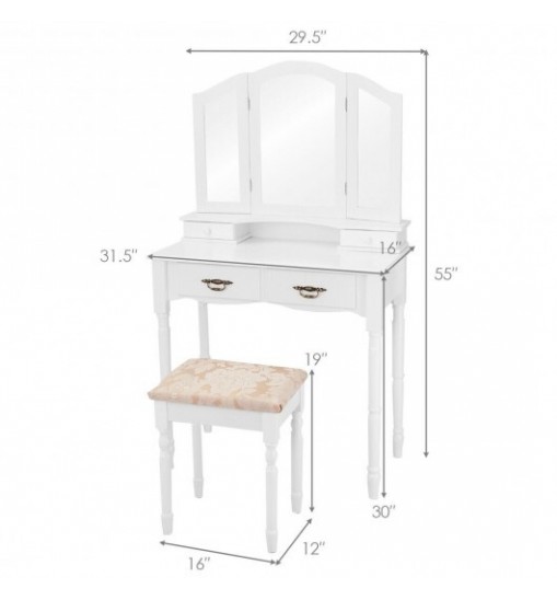 Simple Vanity Set with Tri-Folding Mirror Drawers and Storage Shelf-White