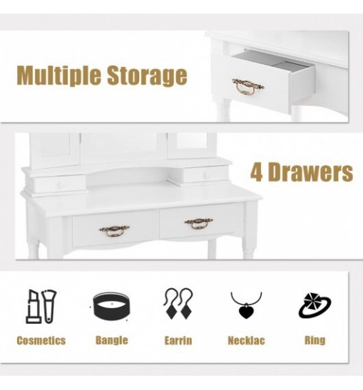 Simple Vanity Set with Tri-Folding Mirror Drawers and Storage Shelf-White