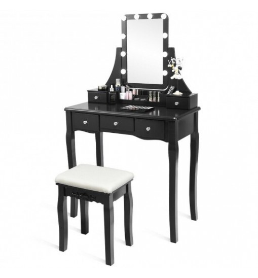 10 Dimmable Light Bulbs Vanity Dressing Table with 2 Dividers and Cushioned Stool-Black