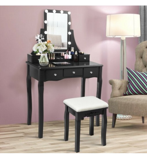 10 Dimmable Light Bulbs Vanity Dressing Table with 2 Dividers and Cushioned Stool-Black