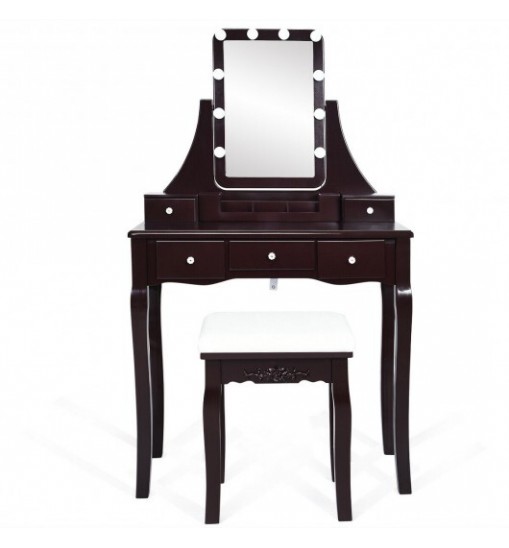 10 Dimmable Light Bulbs Vanity Dressing Table with 2 Dividers and Cushioned Stool-Black