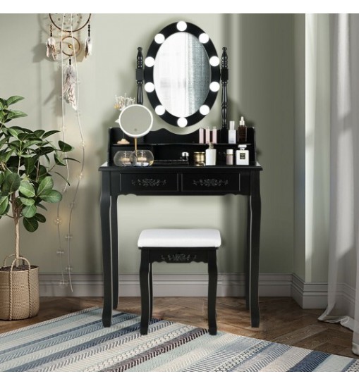 Makeup Dressing Table with Touch Switch Lighted Mirror and Cushioned Stool-Black