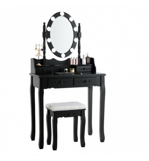 Makeup Dressing Table with Touch Switch Lighted Mirror and Cushioned Stool-Black