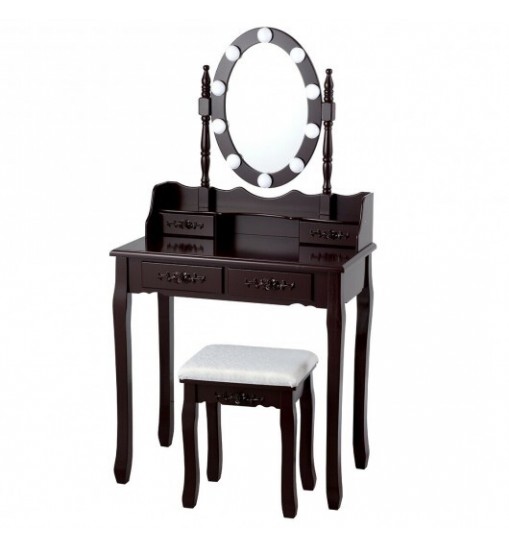 Makeup Dressing Table with Touch Switch Lighted Mirror and Cushioned Stool-Black