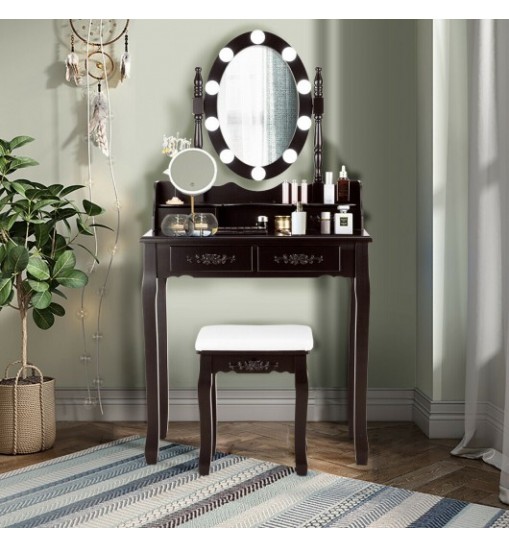 Makeup Dressing Table with Touch Switch Lighted Mirror and Cushioned Stool-Black