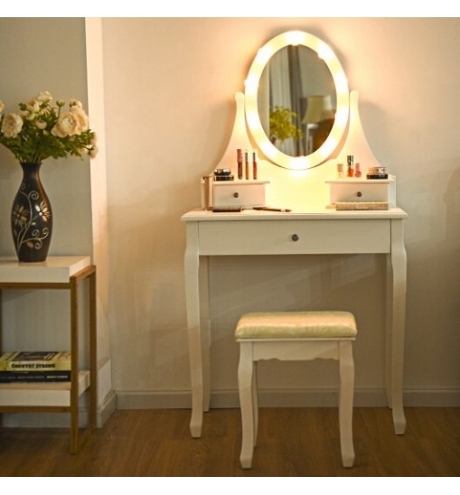 3 Drawers Lighted Mirror Vanity Dressing Table Stool Set-Black