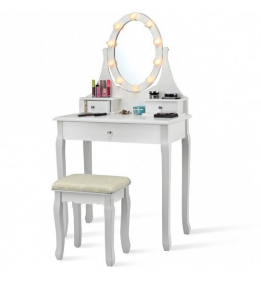 3 Drawers Lighted Mirror Vanity Dressing Table Stool Set-Black