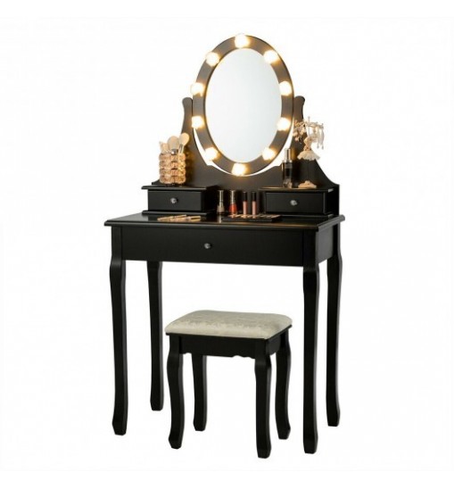 3 Drawers Lighted Mirror Vanity Dressing Table Stool Set-Black