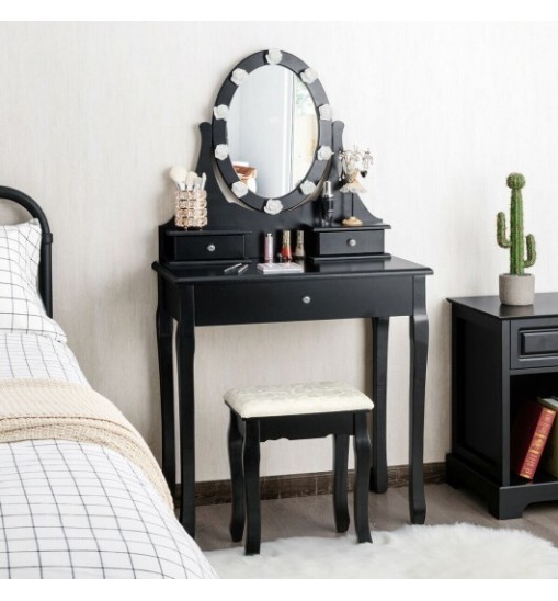 3 Drawers Lighted Mirror Vanity Dressing Table Stool Set-Black