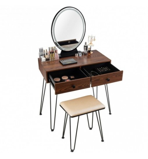 Industrial Makeup Dressing Table with 3 Lighting Modes-Walnut