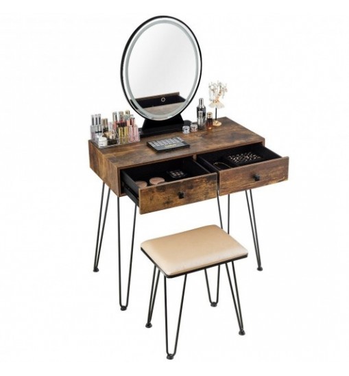 Industrial Makeup Dressing Table with 3 Lighting Modes-Walnut