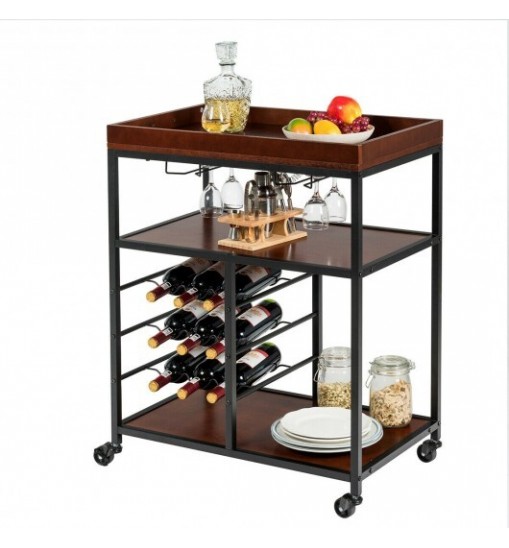 3 Tiers Storage Bar Serving Cart with Wine Rack