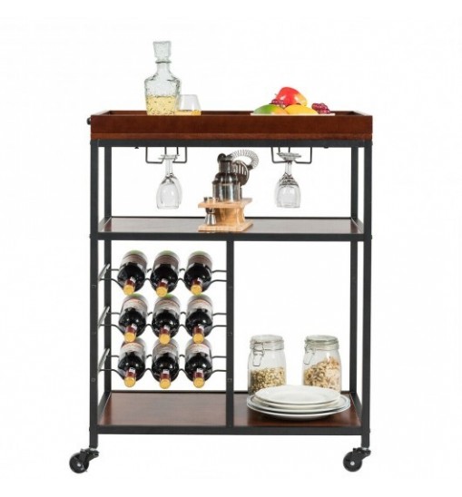 3 Tiers Storage Bar Serving Cart with Wine Rack