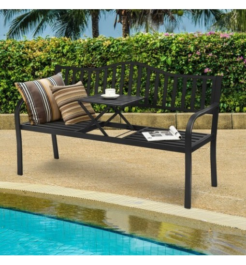 Patio Garden Bench Steel Frame with Adjustable Center Table