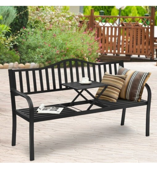 Patio Garden Bench Steel Frame with Adjustable Center Table