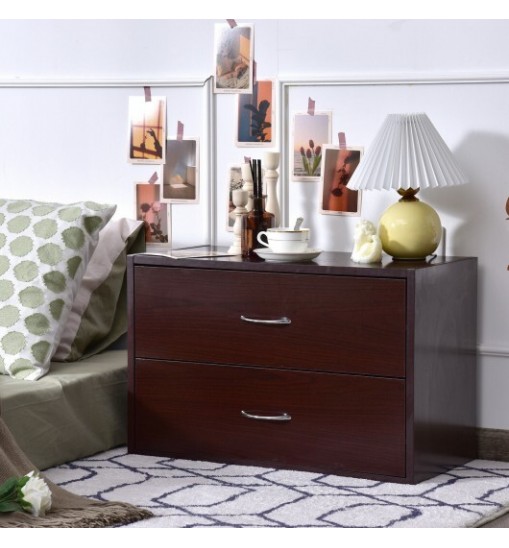 2-Drawer Dresser Horiztonal Organizer End Table Nightstand with Handle Wood-Brown