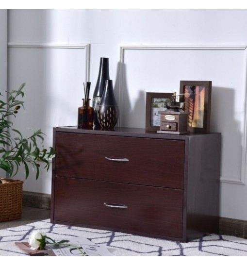 2-Drawer Dresser Horiztonal Organizer End Table Nightstand with Handle Wood-Brown