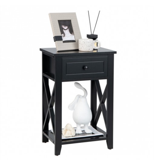 Storage End Bedside Drawer Nightstand w/ Bottom Shelf-Black