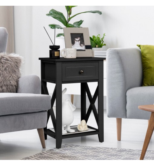 Storage End Bedside Drawer Nightstand w/ Bottom Shelf-Black