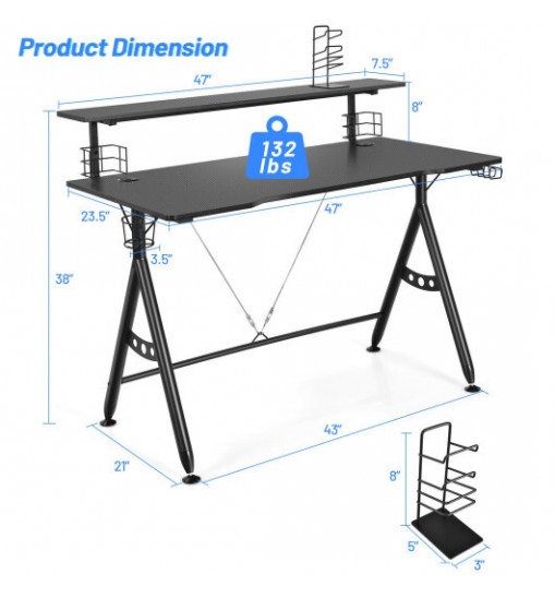 E-Sports Gaming Desk with Monitor Shelf and Cup Holder