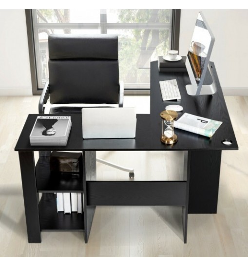 Modern L-Shaped Computer Desk with Shelves-Black