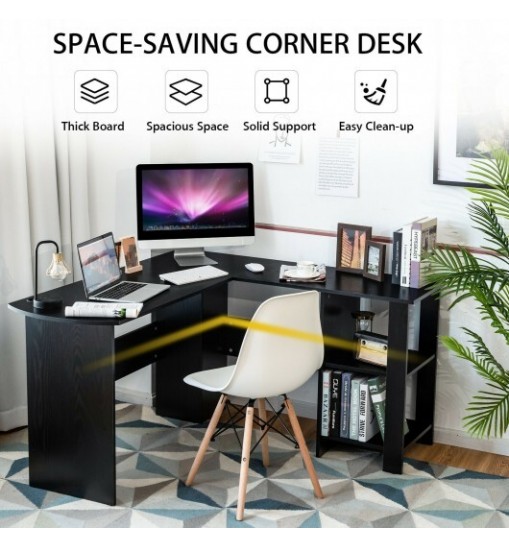 Modern L-Shaped Computer Desk with Shelves-Black