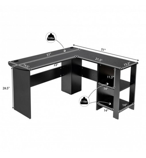 Modern L-Shaped Computer Desk with Shelves-Black